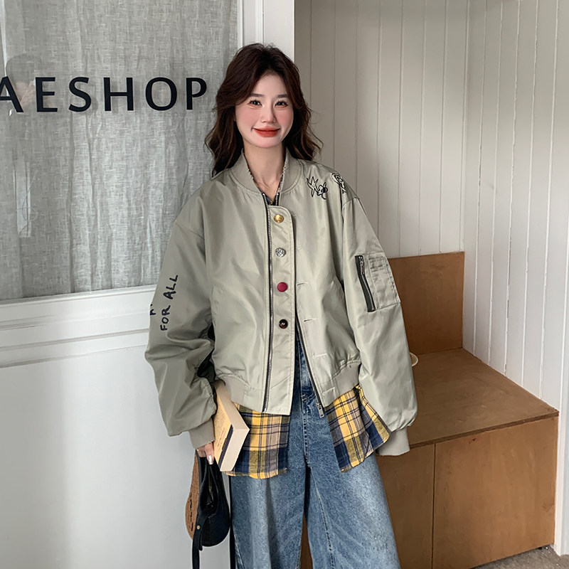 美式复古又酷又飒棒球服女春秋新款设计感撞色拼接刺绣休闲短外套