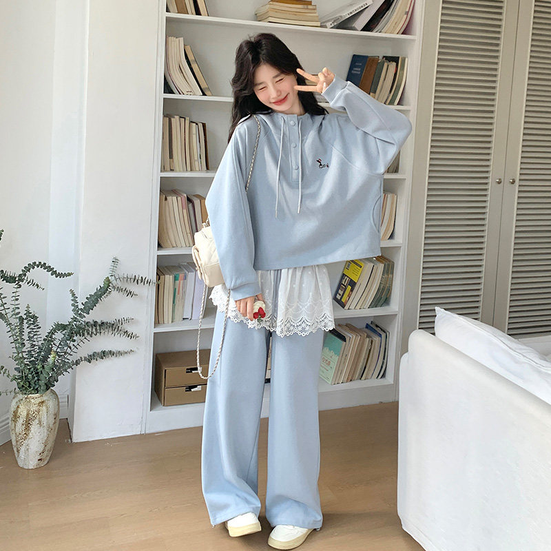 蓝色韩版慵懒风连帽卫衣套装女2026秋季新款蕾丝拼接休闲裤两件套