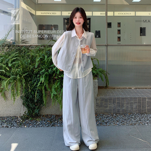 灰色韩版时尚休闲风马甲套装女春季2025新款气质衬衫阔腿裤三件套