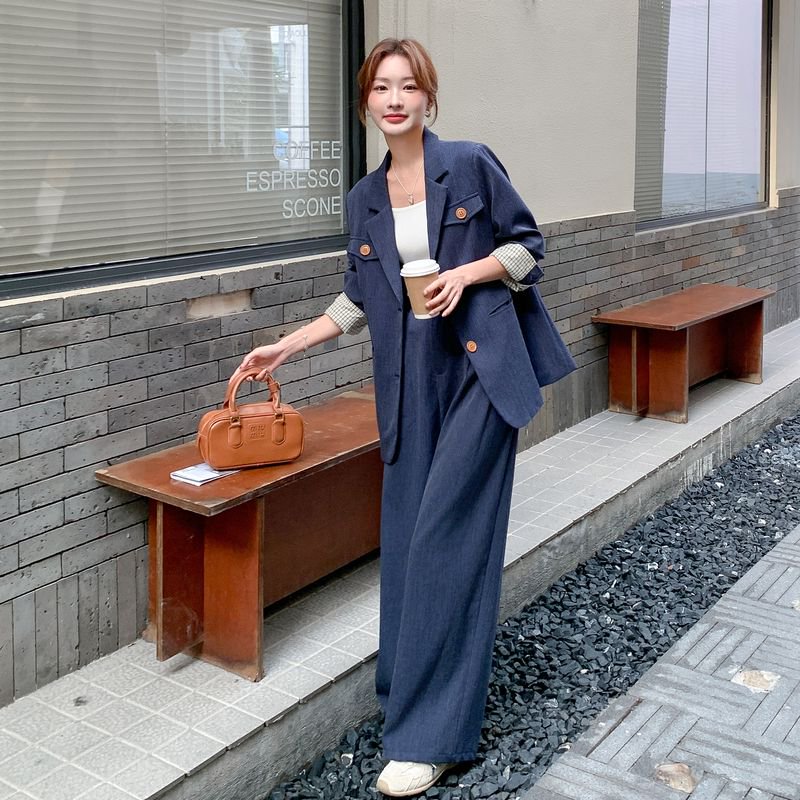 轻职风时尚炸街撞色西装套装女春秋新款休闲短外套显瘦长裤两件套