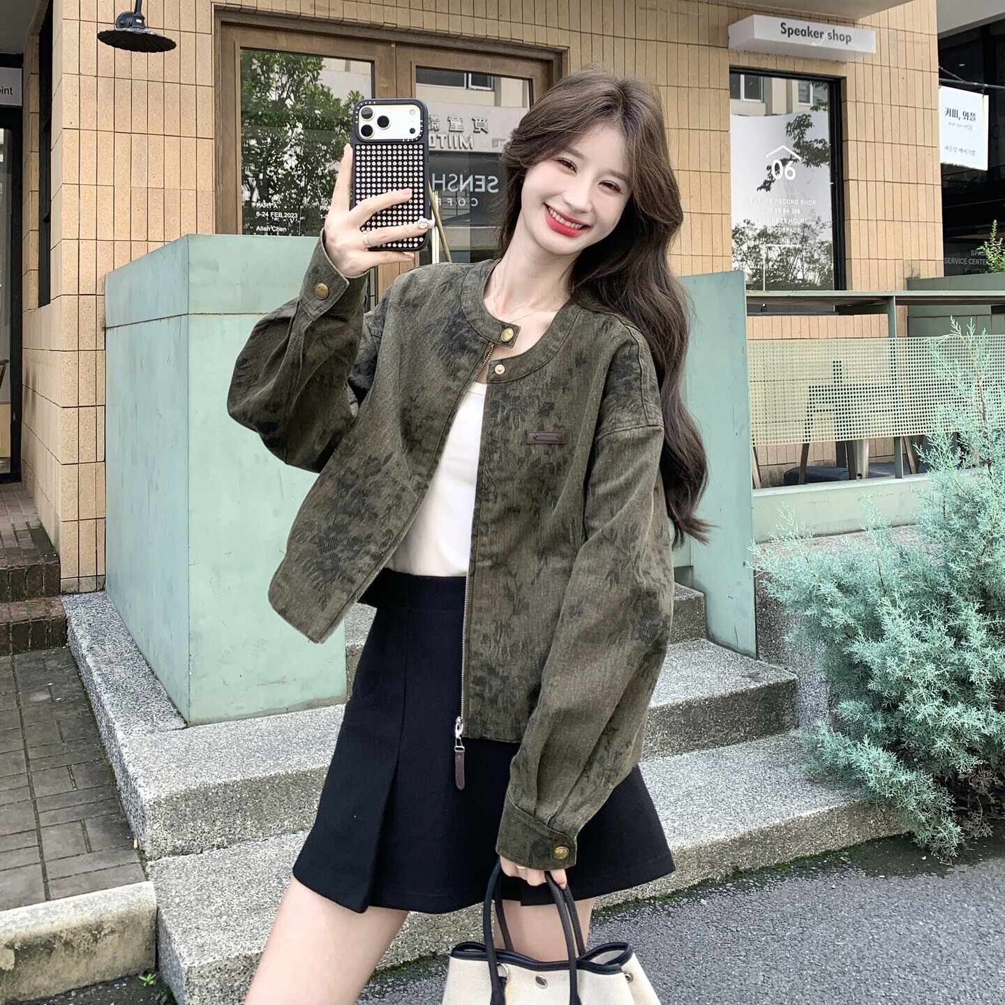 复古做旧晕染圆领夹克短外套女
