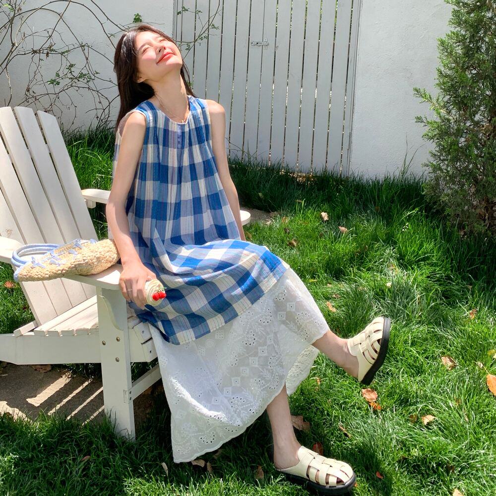 蓝色格子背心裙叠穿蕾丝半身裙套装女夏新款甜美减龄两件套连衣裙