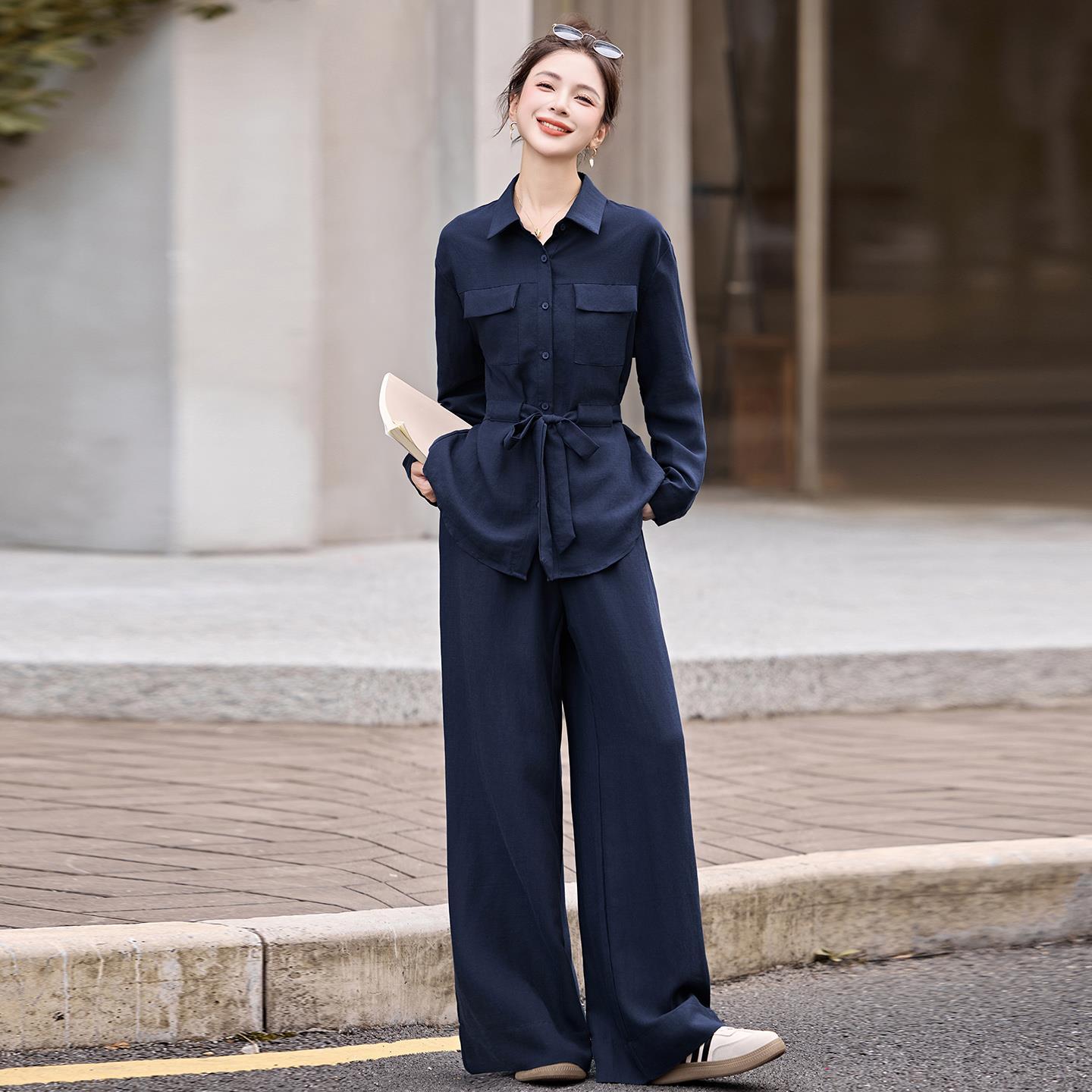 高端老钱风polo领收腰长袖衬衫阔腿两件套女春秋休闲穿搭长裤套装