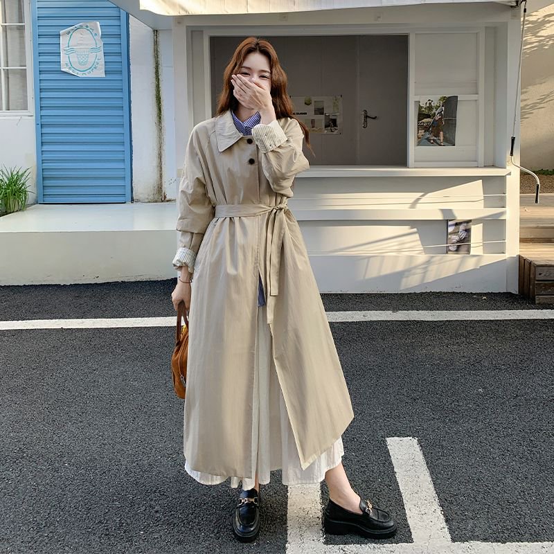 韩系翻领廓形长款过膝风衣女春秋新款高级感收腰显瘦百搭休闲外套