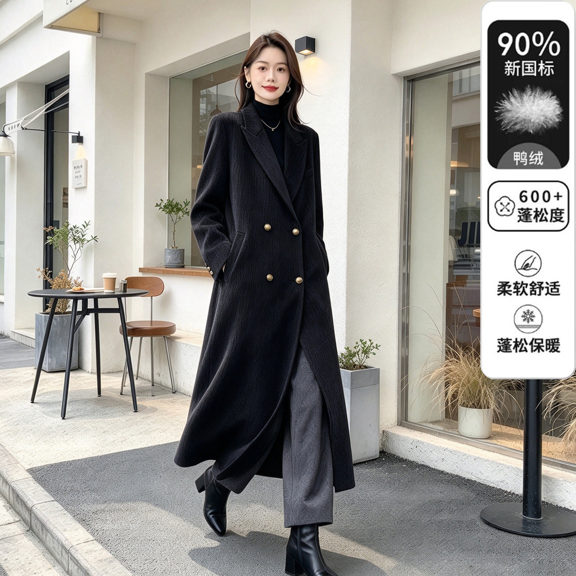 轻奢雪尼尔羽绒内胆西装外套女秋冬新款保暖90白鸭绒长款过膝西服