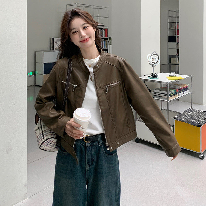 美拉德咖色皮衣外套女春秋2026超火好看小个子酷飒风立领正肩夹克