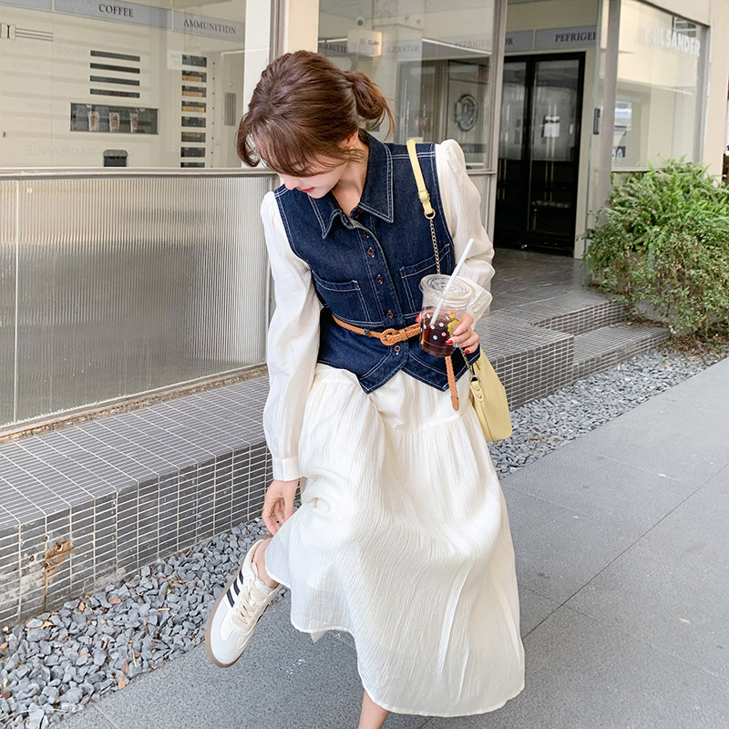 气质牛仔马甲长袖连衣裙套装女春秋装今年流行高级感收腰显瘦长裙