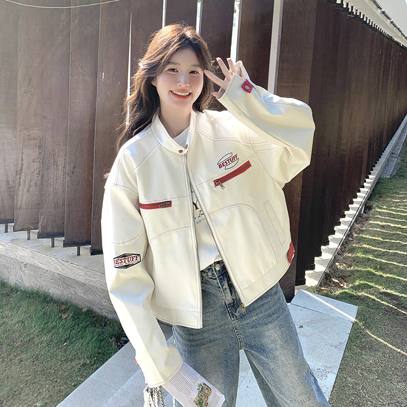 美式白色皮衣外套女春秋2025新款街头高级感pu皮夹克超火机车服