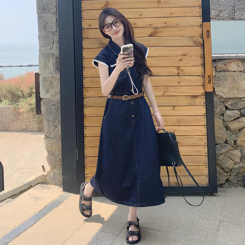 轻熟风收腰显瘦气质薄款牛仔衬衫裙女夏季新款复古蕾丝拼接连衣裙