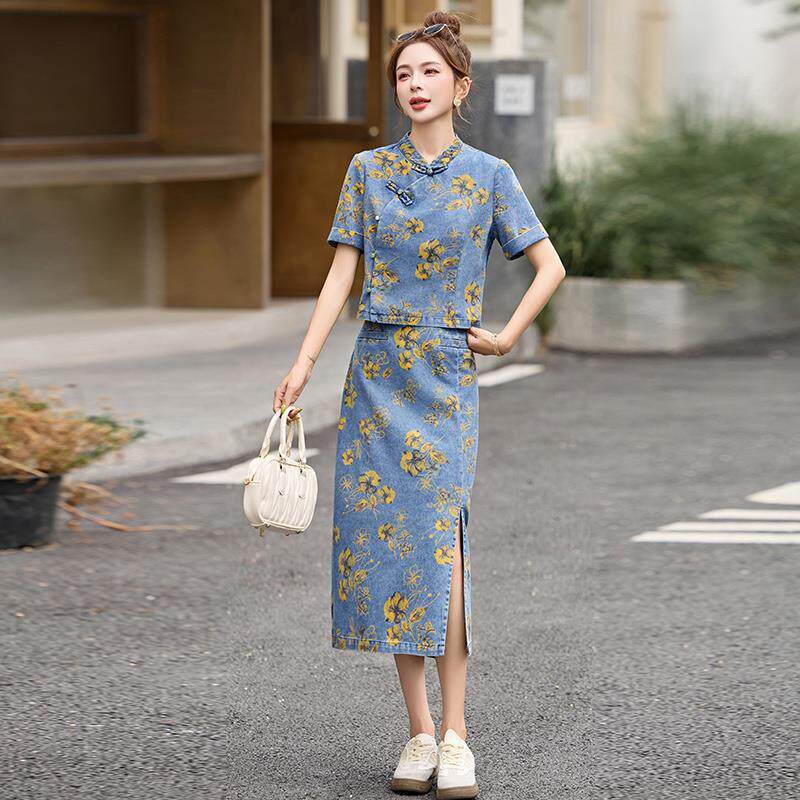 新中式国风盘扣套装开叉长裙女轻奢高级感减龄印花牛仔半裙两件套