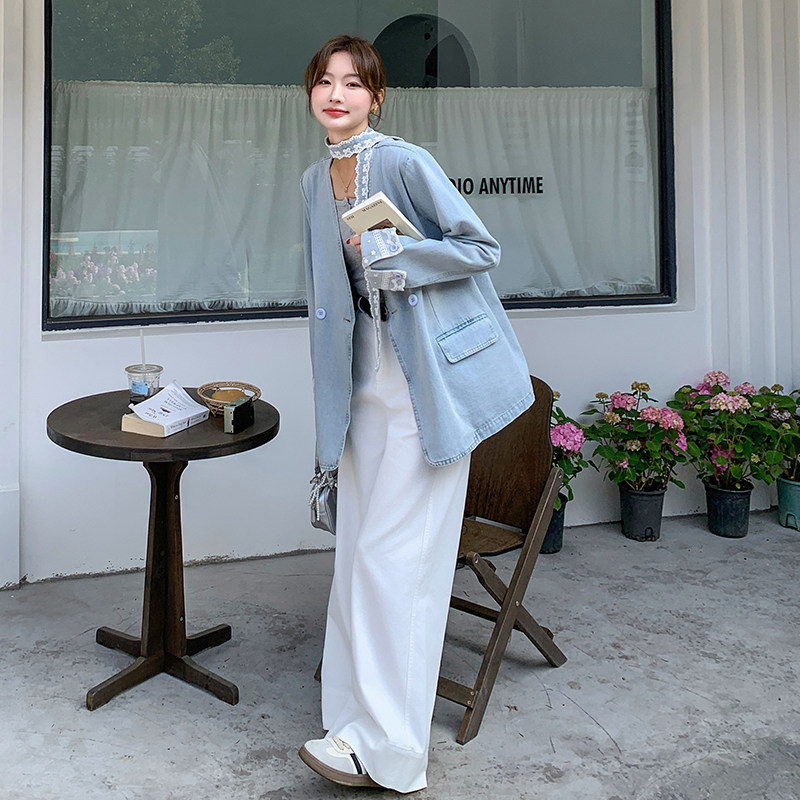 蓝色蕾丝拼接飘带牛仔外套女