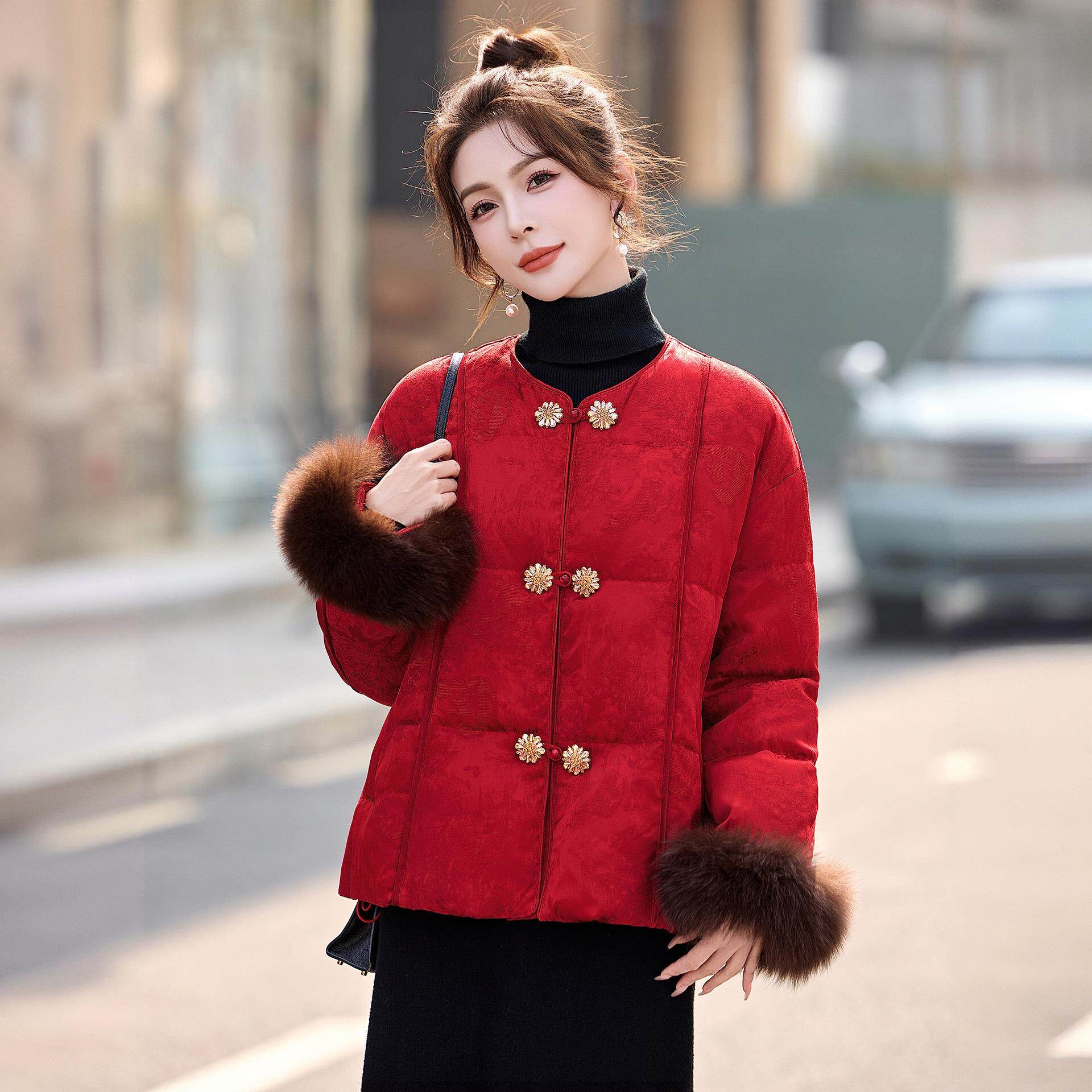 新中式国风红色狐狸毛羽绒服女冬新款高端贵气百搭时尚白鸭绒外套