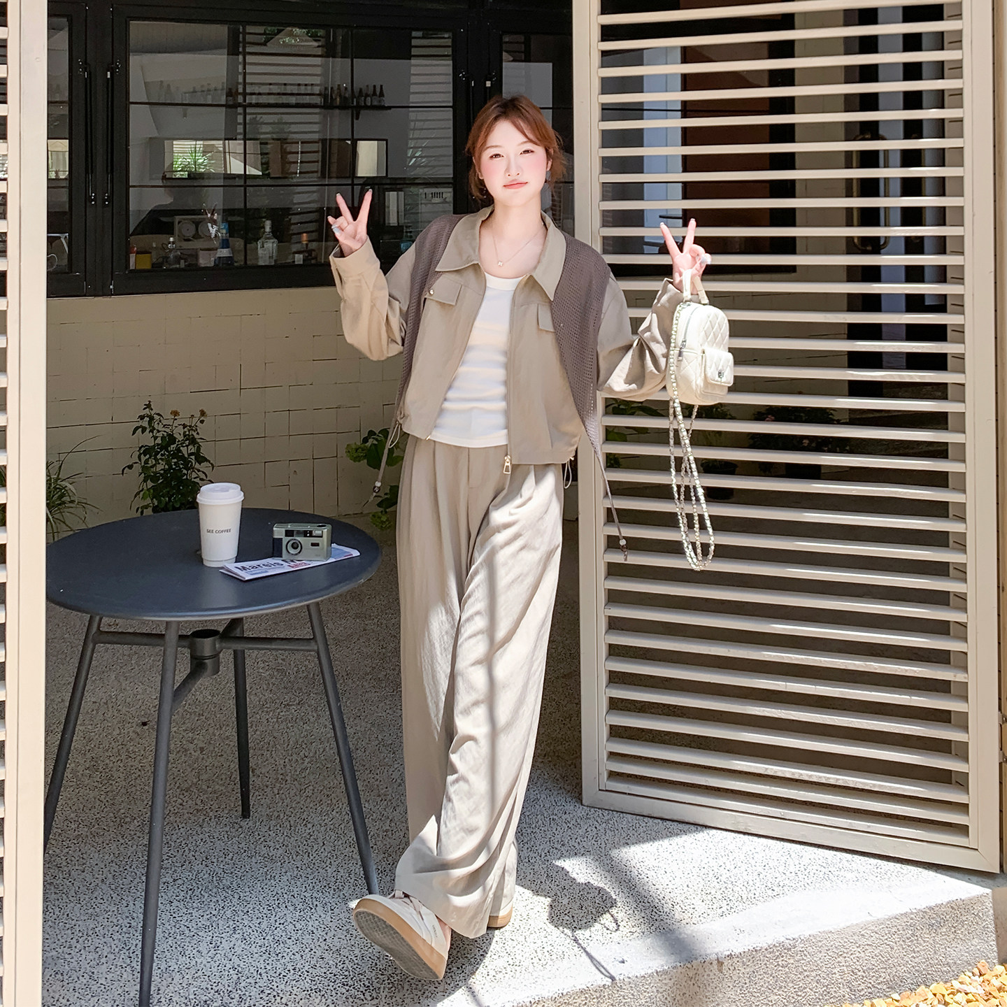 长袖翻领上衣外套阔腿裤套装女
