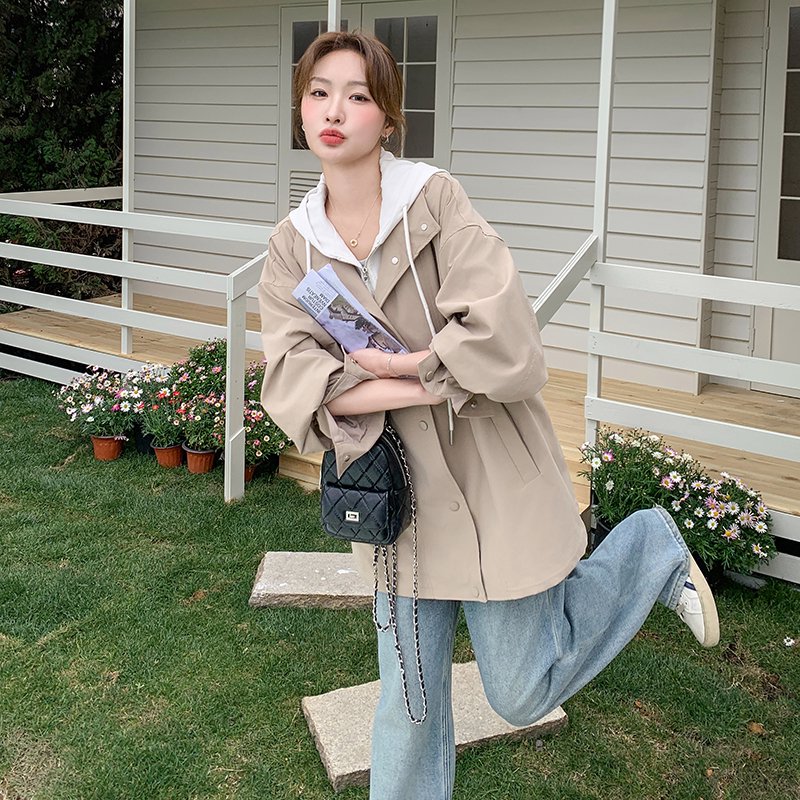 韩版休闲假两件风衣外套女春秋装新款时尚中长款连帽宽松工装上衣