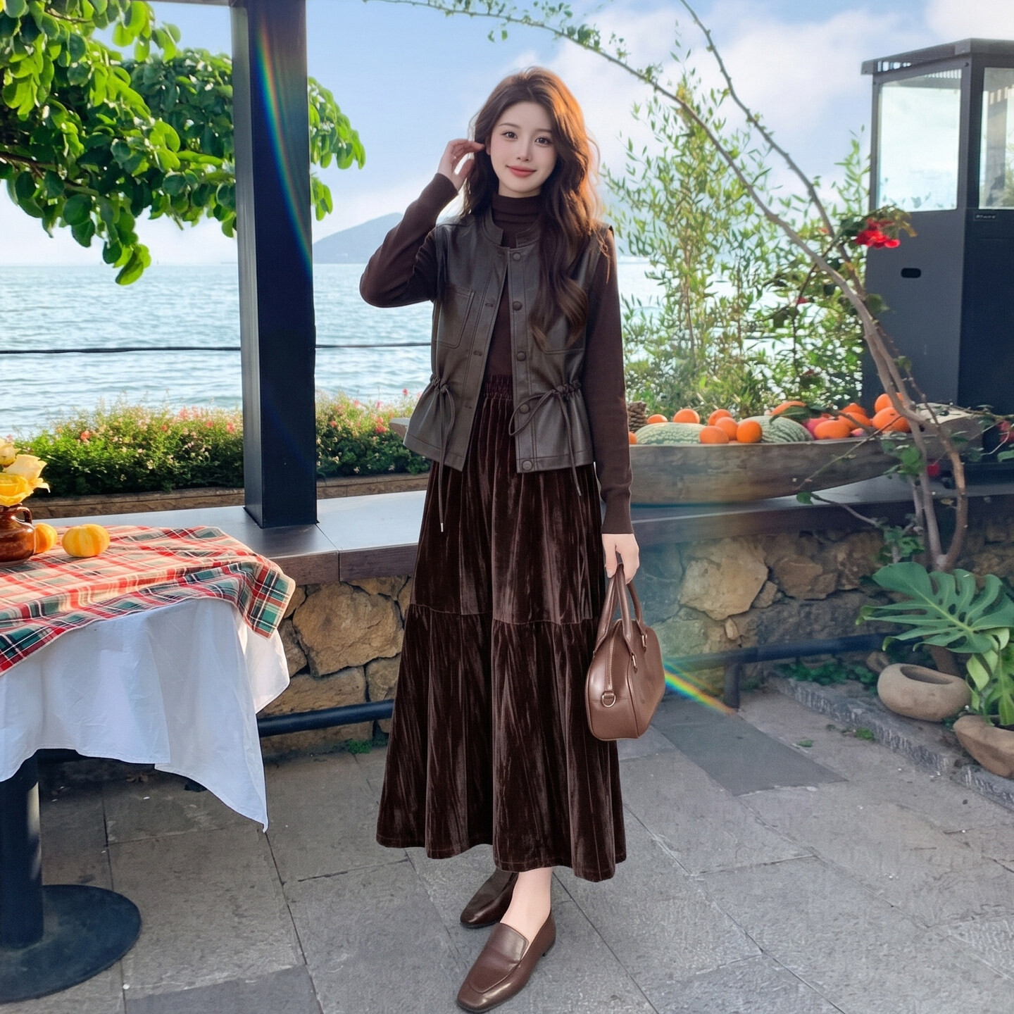 复古氛围感爆火PU皮马甲套装裙女2026秋季打底衫丝绒半身裙三件套