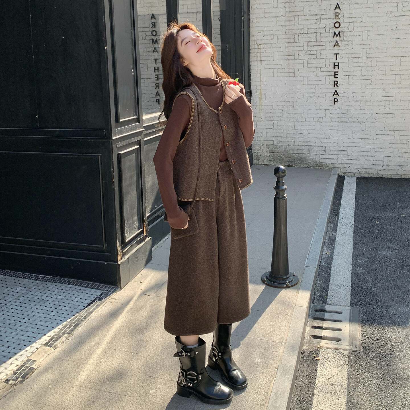 美拉德马甲打底衫阔腿裤三件套
