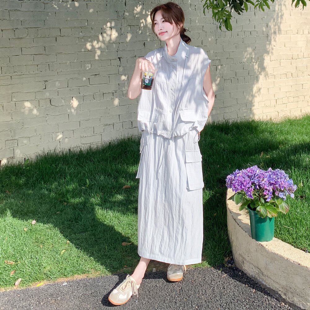 工装休闲马甲衬衫套装长裙女夏新款慵懒风小个子宽松半身裙两件套