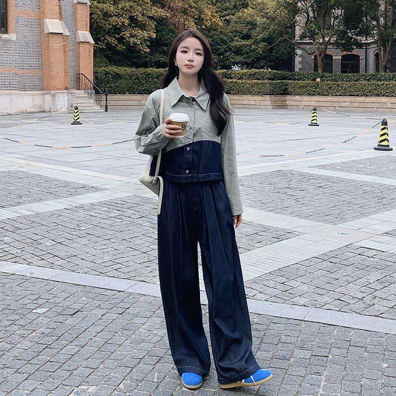今年流行牛仔套装女2025新款秋季搭配一整套时尚衬衫阔腿裤两件套