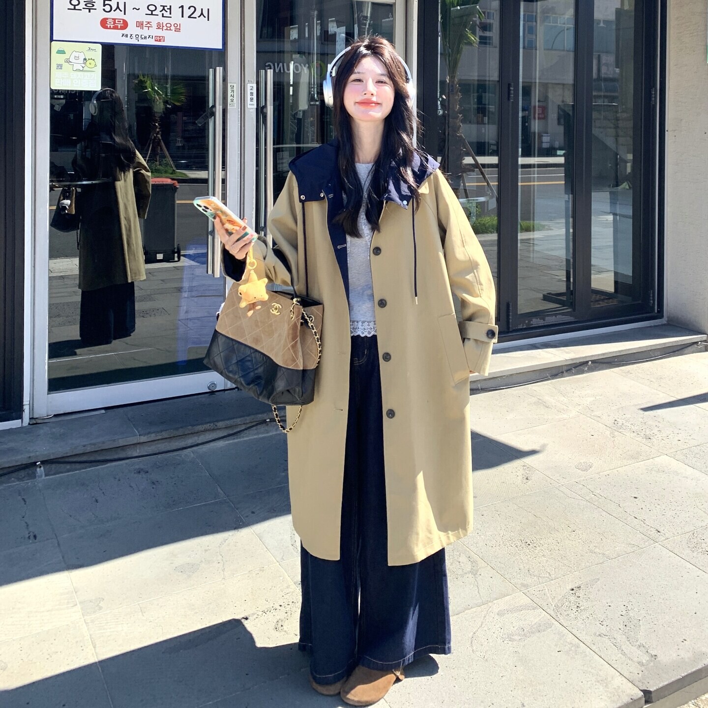 卡其色学院风连帽风衣外套女秋季新款韩版时尚宽松休闲中长款大衣