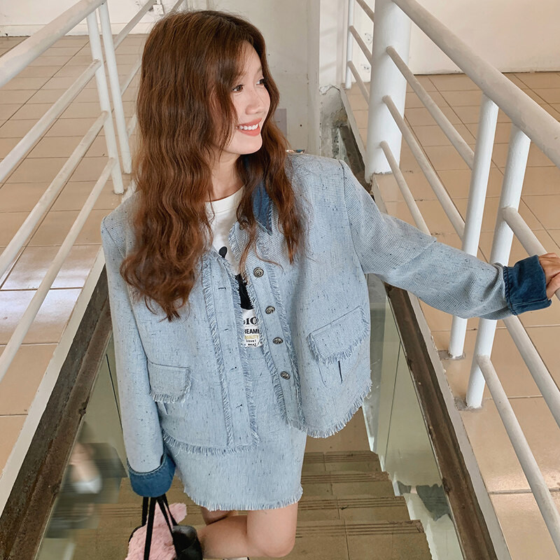 蓝色牛仔拼接流苏小香风外套女