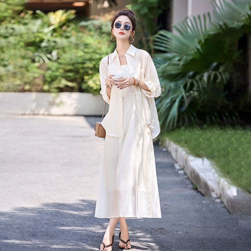 大方得体穿搭一整套装女夏新款高级感吊带长裙搭配防晒衬衫两件套