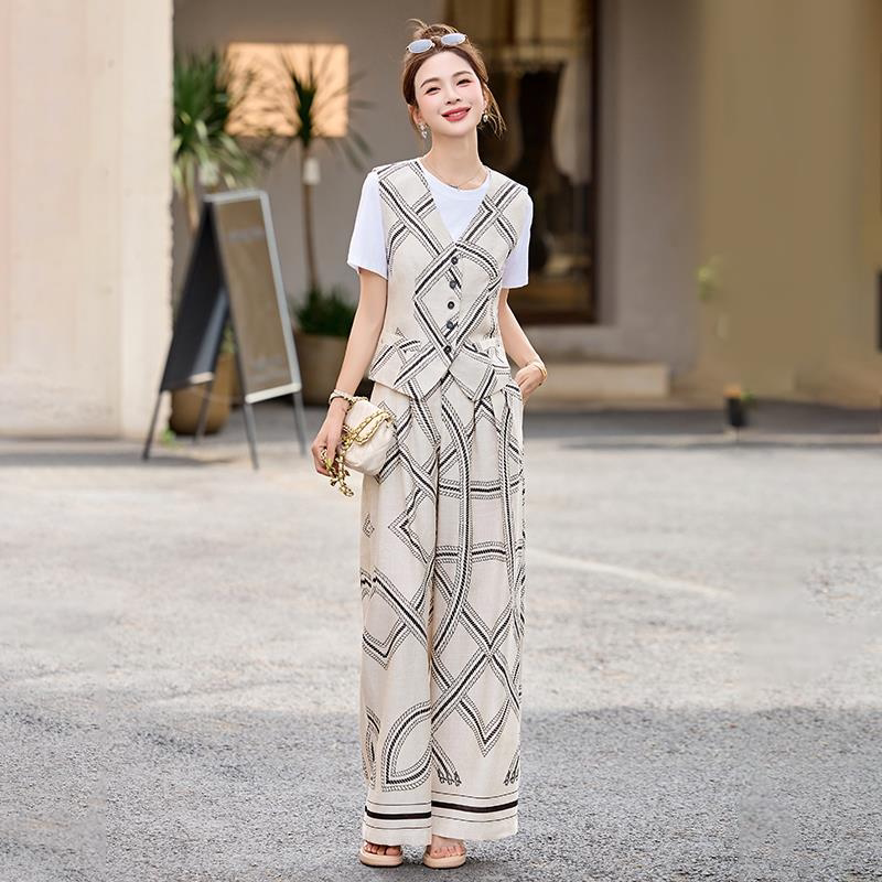 老钱风时尚阔腿裤三件套女夏季大方得体穿搭一整套高级感马甲套装