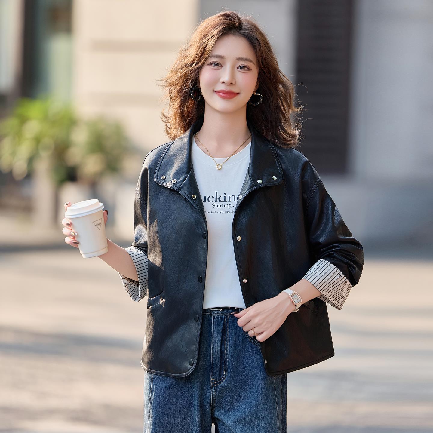 个性软皮机车服短外套女春秋新款小个子时髦潮流宽松PU皮夹克上衣