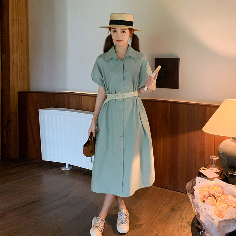 港风复古Polo领衬衫裙女夏季新款小个子收腰显瘦减龄中长款连衣裙