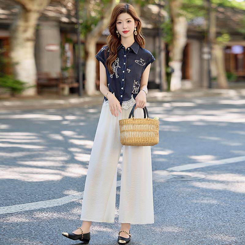 超火夏装一整套棉麻刺绣套装女夏季短袖衬衫阔腿裤气质裙裤两件套