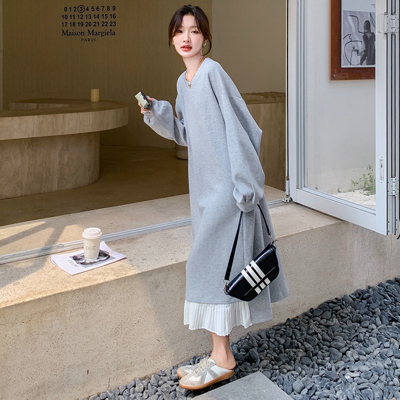 微胖大码假两件设计感卫衣裙女早秋新款宽松时尚休闲慵懒风长裙子