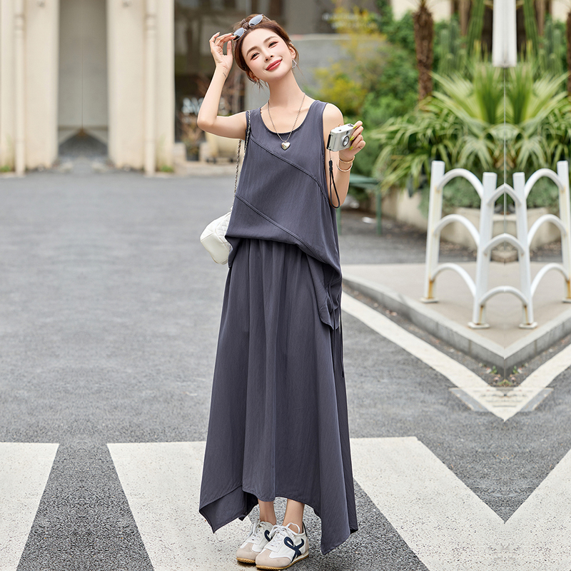 慵懒风穿搭休闲不规则背心上衣套装女夏显瘦时尚宽松半身裙两件套