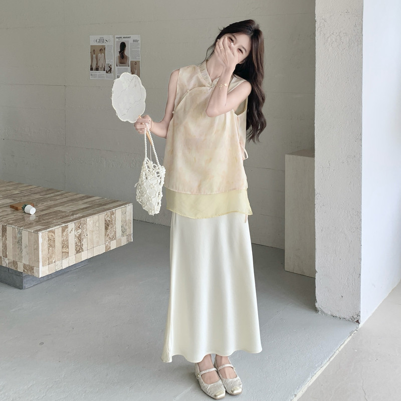 新中式国风宽松无袖薄旗袍上衣套装裙女夏装微胖减龄半身裙两件套