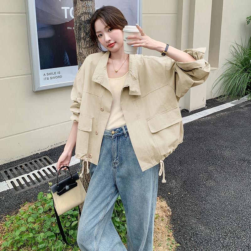 粉色休闲立领工装外套女春秋新款可盐可甜减龄小个子短款夹克风衣