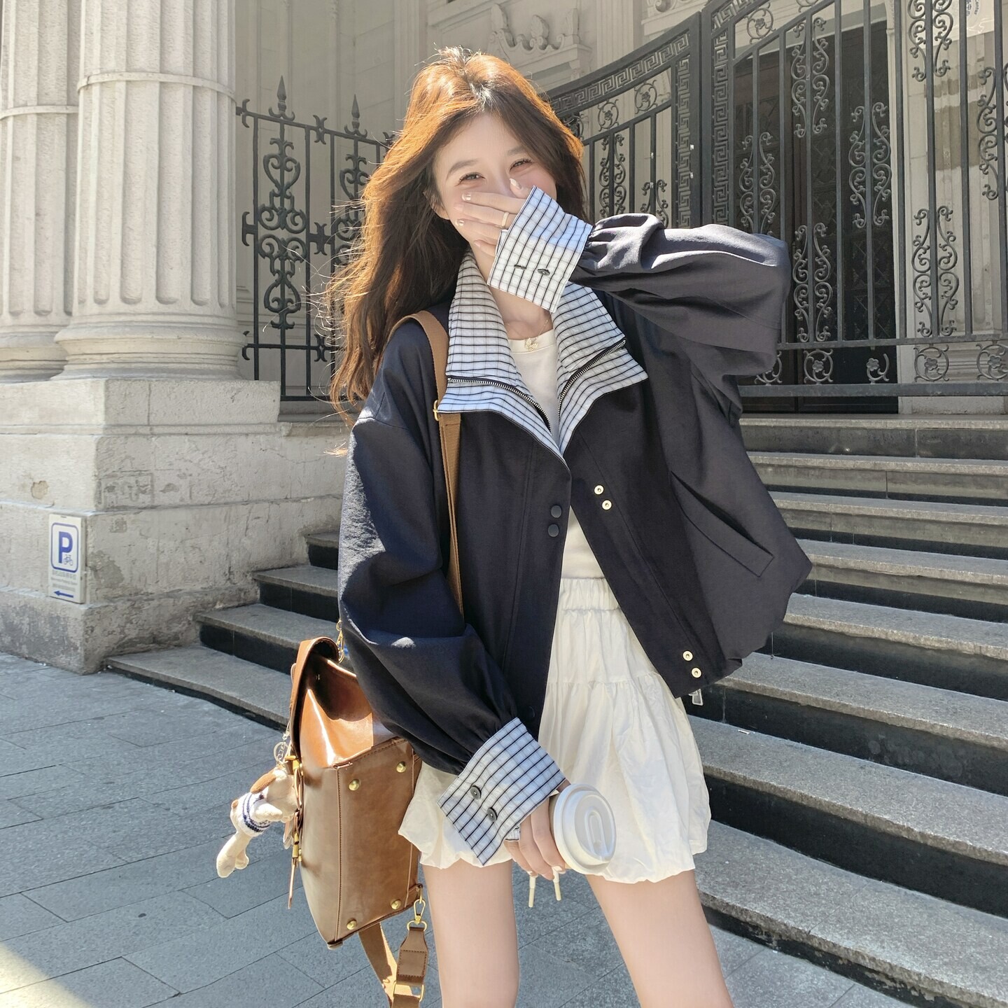 韩系条纹拼接短外套夹克上衣女
