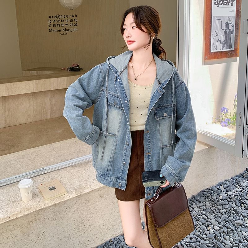 港风复古oversize连帽牛仔外套女春秋新款超火流行慵懒风爆款夹克