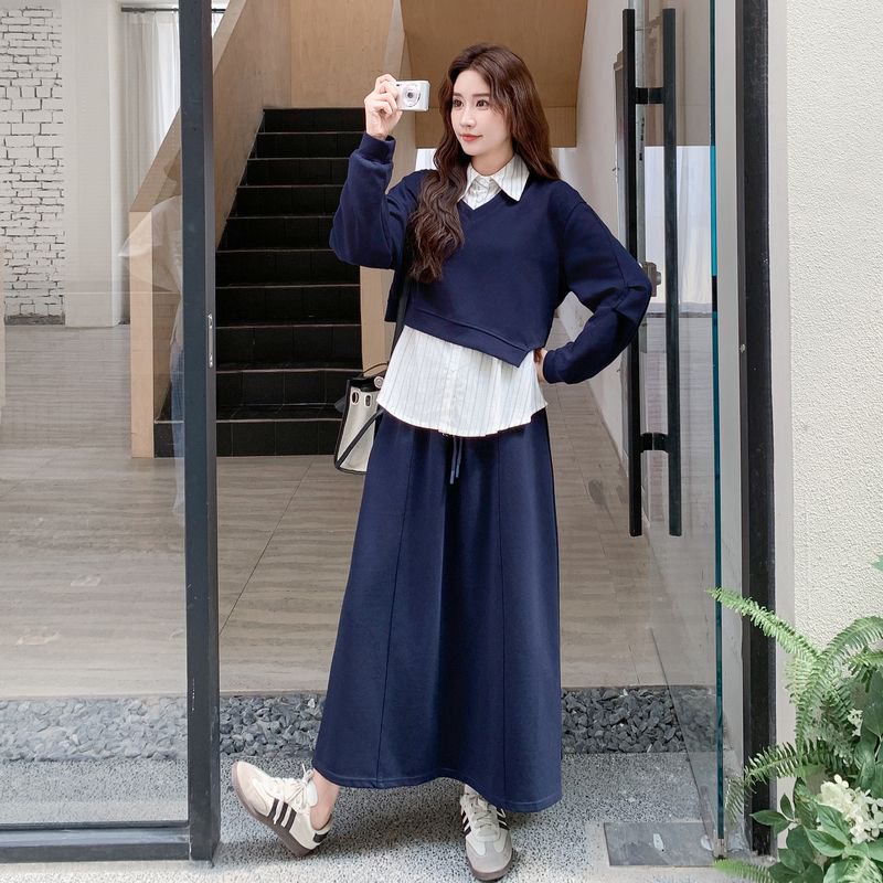 韩系休闲减龄随性卫衣套装裤女春秋新款百搭藏青色两件套ootd穿搭