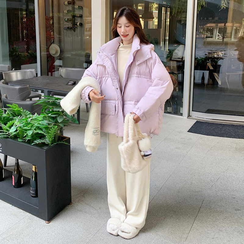 浅紫色韩版设计感抽绳羽绒服女2026冬季新款休闲时尚减龄连帽外套