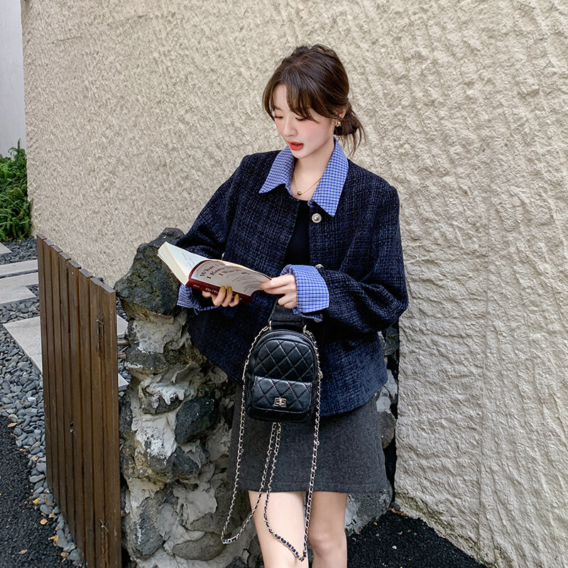 韩系格纹拼接翻领短款上衣外套女