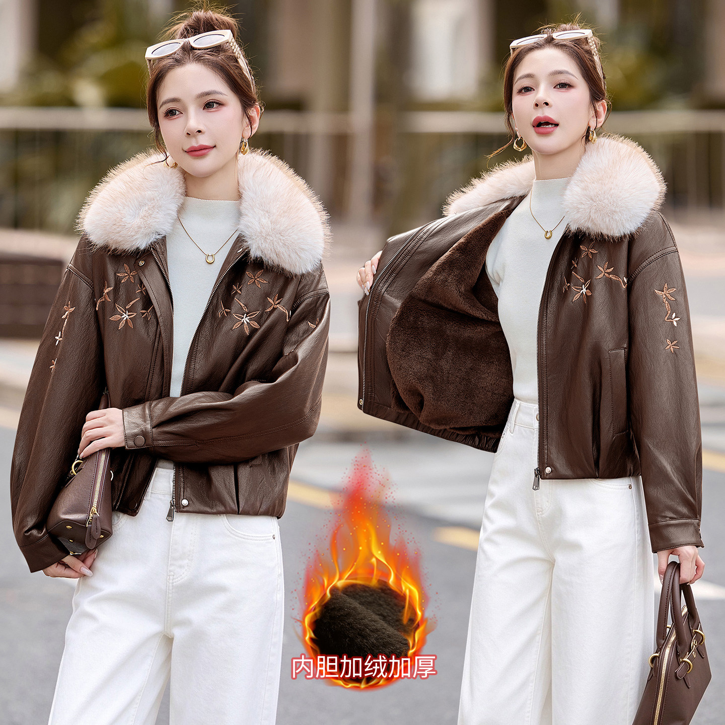 复古毛领加绒皮衣女短款秋冬季新款显瘦保暖棉服加厚保暖刺绣外套