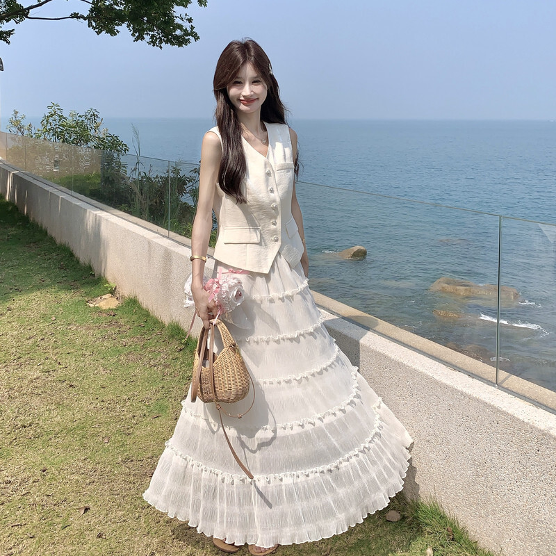 V领西装马甲上衣蛋糕裙女