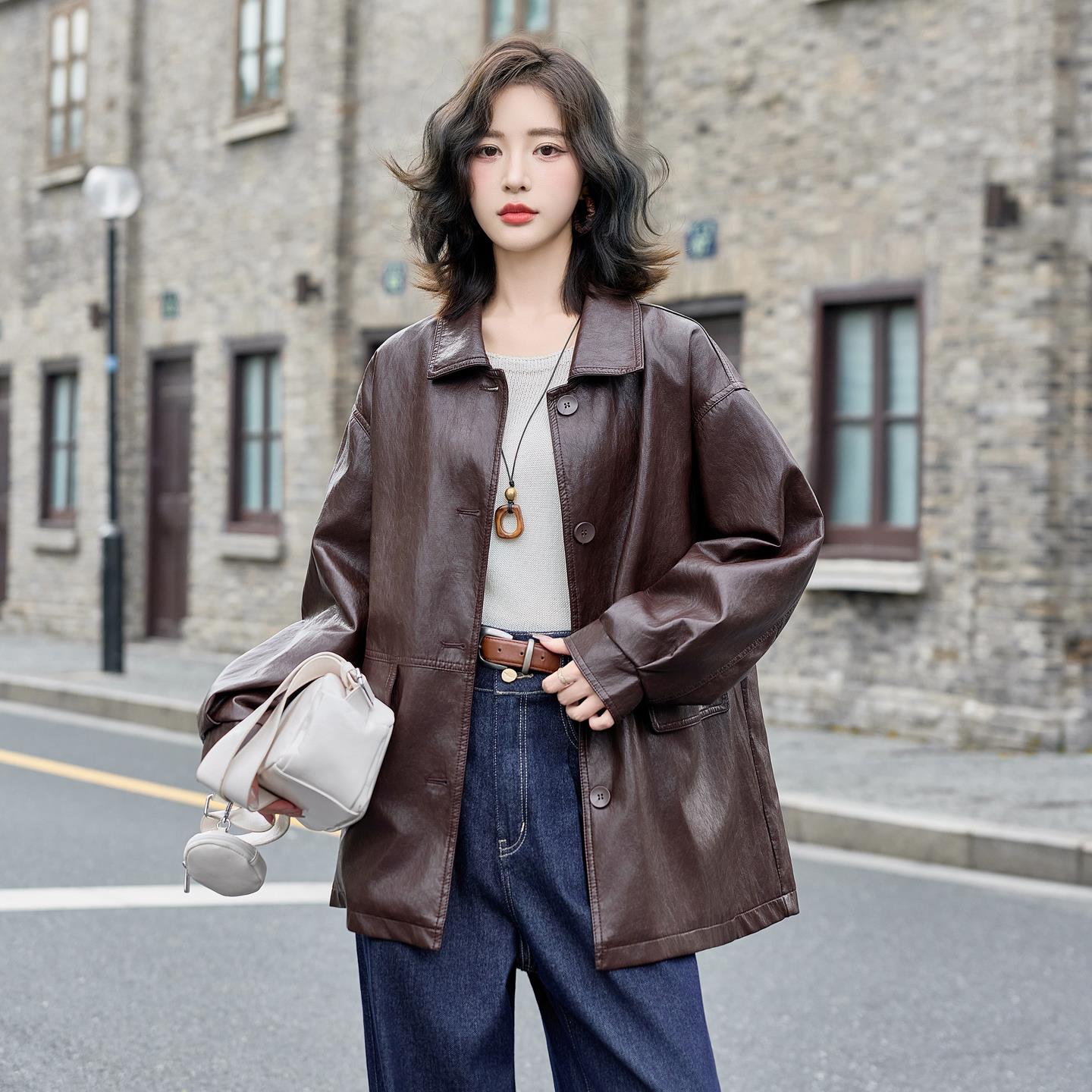 高级感PU皮衣外套中长款春秋新款百搭宽松大码休闲机车服夹克上衣