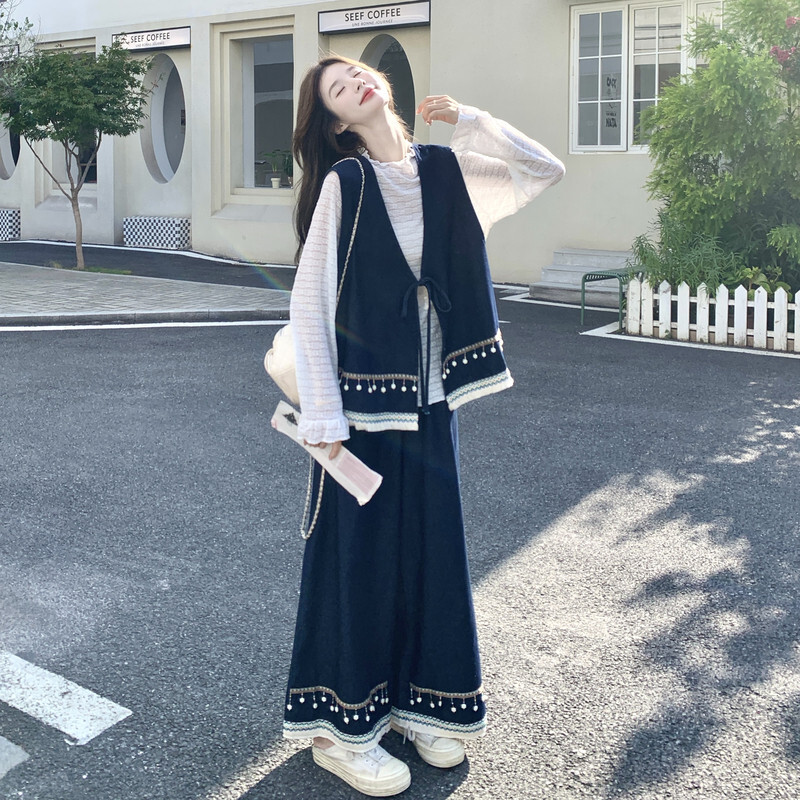 流苏牛仔马甲打底衫阔腿裤套装女