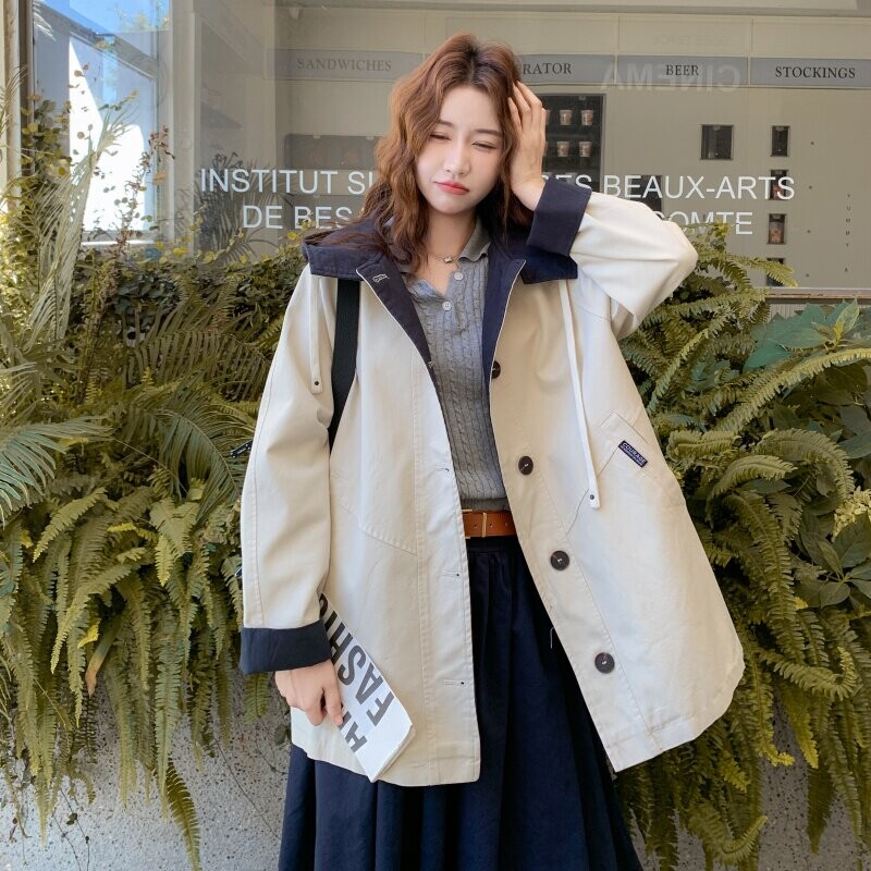 卡其色连帽撞色拼接短风衣外套女