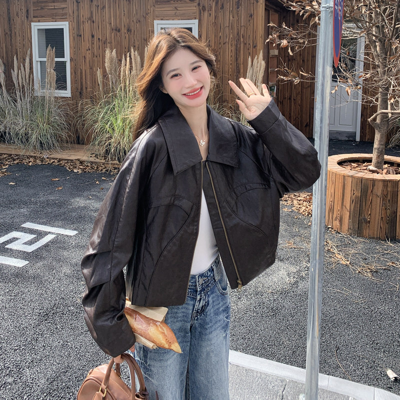 美拉德咖色皮衣短款外套女春秋小众高级感复古酷飒风机车夹克上衣