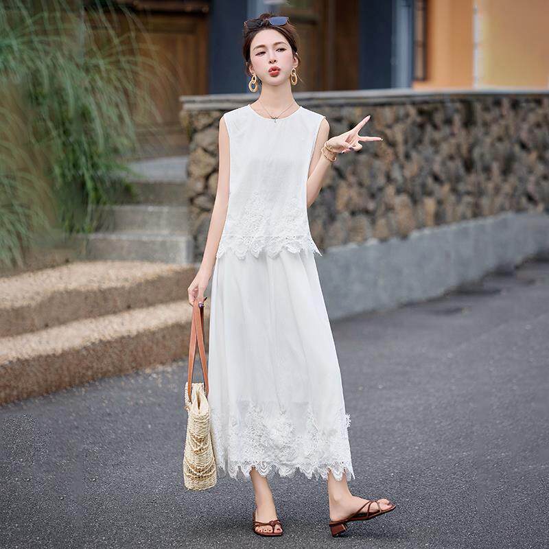 时尚高级感蕾丝拼接无袖小衫上衣两件套长裙女夏季减龄半身裙套装