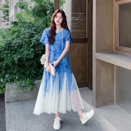 波西米亚网纱拼接扎染连衣裙女夏新款巨好看流行超火韩系鱼尾长裙