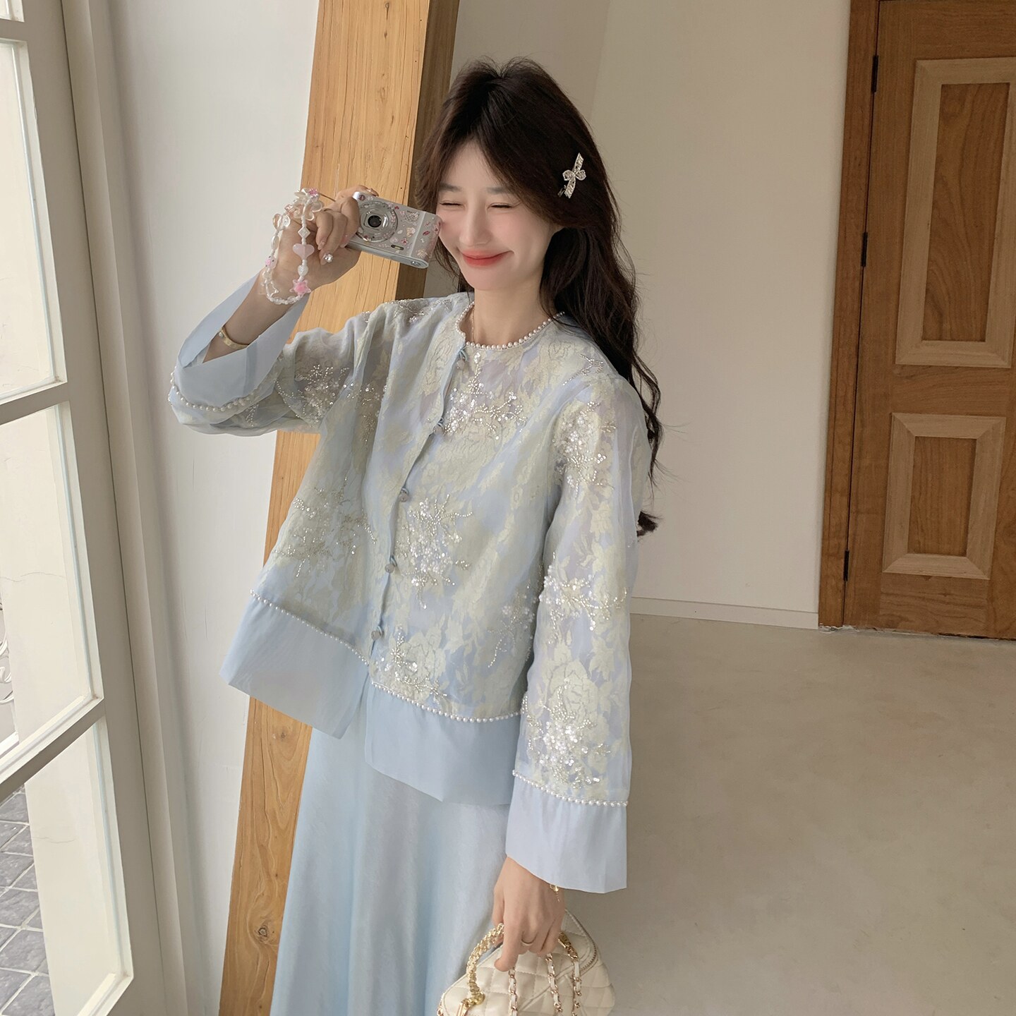 刺绣外套缎面半身裙两件套女