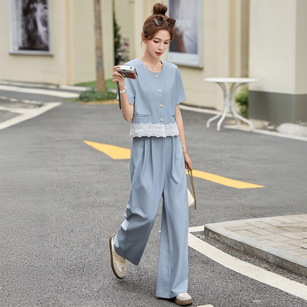 轻熟风蕾丝拼接短袖上衣套装女夏季新款休闲减龄西装阔腿裤两件套