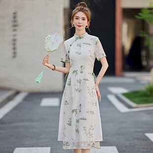 新中式盘扣斜襟竹子印花连衣裙女夏日常文艺收腰系带国风旗袍裙子