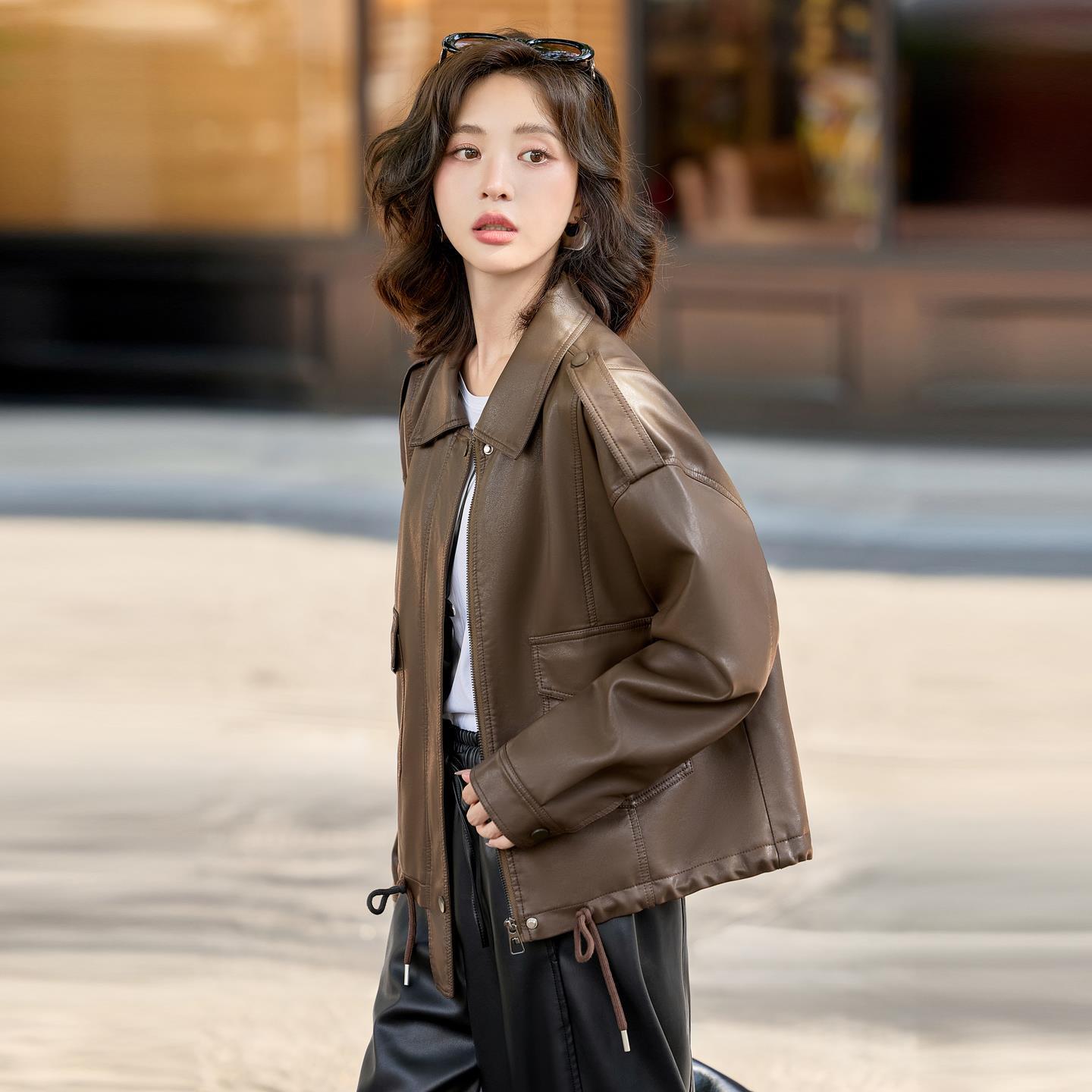 美拉德宽松休闲百搭皮衣外套女春秋短款新款爆款减龄PU皮夹克上衣